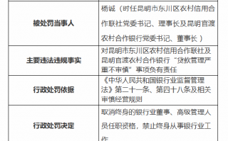 贷款管理严重不审慎！昆明市东川区农村信用合作联社及官渡农村合作银行杨诚被罚禁止从事银行业工作终身