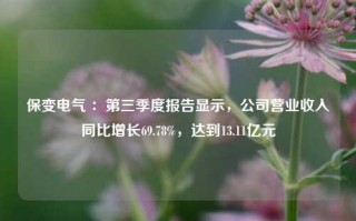 保变电气 ：第三季度报告显示，公司营业收入同比增长69.78%，达到13.11亿元