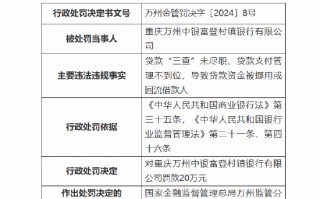 重庆万州中银富登村镇银行被罚20万元：因贷款“三查”未尽职、贷款支付管理不到位等