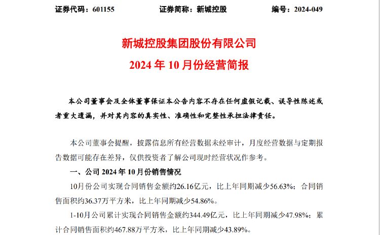 新城控股10月合同销售额仅26亿，同比大减近57%，当月租金收入不如预期引质疑-第1张图片-车辆报废_报废车厂_报废汽车回收_北京报废车-「北京报废汽车解体中心」