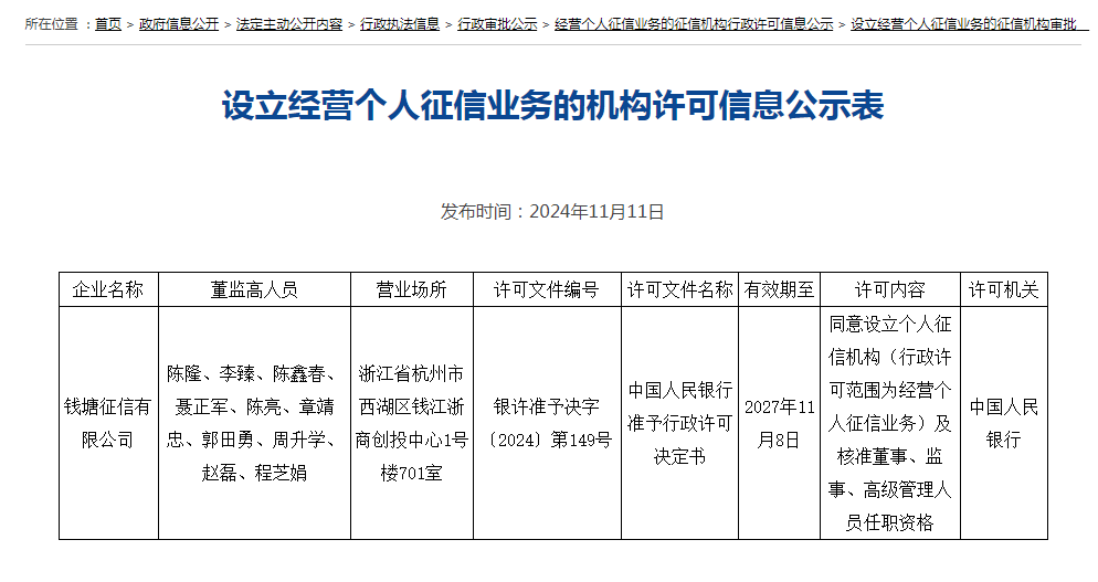 国内第三张个人征信牌照“花落”钱塘征信，蚂蚁集团为公司大股东-第1张图片-车辆报废_报废车厂_报废汽车回收_北京报废车-「北京报废汽车解体中心」