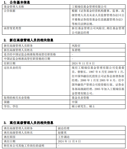 工银瑞信基金高管变更：副总经理赵紫英离任 新任朱碧艳为风险官-第1张图片-车辆报废_报废车厂_报废汽车回收_北京报废车-「北京报废汽车解体中心」