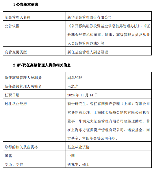 新华基金新任王之光为副总经理 曾任职于华润元大基金东方资产管理等公司-第1张图片-车辆报废_报废车厂_报废汽车回收_北京报废车-「北京报废汽车解体中心」